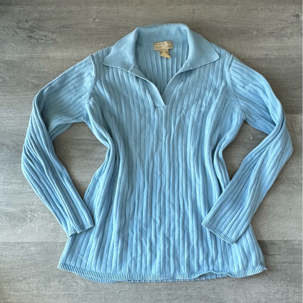 Vintage Cotton Ginny Blue Ribbed V neck knit top